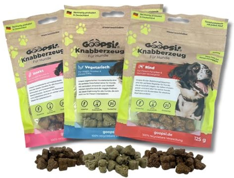 GOOPSI Hundeleckerli 3er Pack Probierpaket (Rind, Vegetarisch, Insekt) 125g - Hundeleckerli getreidefrei & ohne Zucker, Hundefutter leckerlis Hund, Hundtraining Snack aus Deutschland