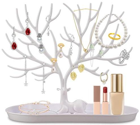 Tree Tower Rack Hanging Organizer, Jewelry Deer Stand, Jewellery Organiser Stand, Antlers Decorated Jewelry Tree, Hanging Organiser Rack Tower Suitable for Necklaces, Rings, Earrings White