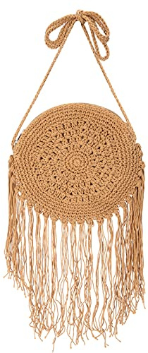 Jesustree Borsa a Tracolla, Donne Borse a Spalla con Nappe, Sacchetto di Paglia, Tondo Piccolo Fatta a Mano Boemia Borse da Spiaggia Estiva Crossbody per Viaggio Vacanze Appuntamento