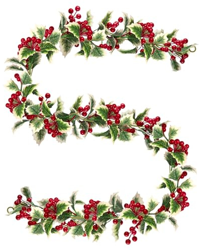 Ghirlanda di Bacche Artificiali, 172cm Ghirlanda di Bacca Rossa con Foglie di Agrifoglio, Verde Appeso Pianta per Albero di Natale, Inverno, Decorazioni Tavola Scale Camino, Verde/Bianco/Rosso