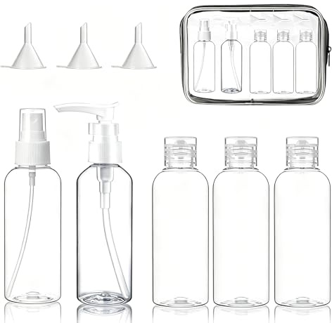 DAVIDJAMESCLARKE Set med 8 tomma reseflaskor att fylla på, 100 ml med vätskesminkväska, läckagesäker – svart med 3 trattar