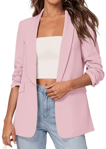 PRETTYGARDEN Women's 2026 Spring Blazers Business Casual Outfits Open Front Ruched 3/4 Sleeve Lightweight Work Suits Jackets (Pink,Medium)
