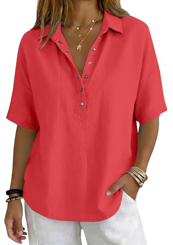 Chemise Femme Coton et Lin Manches Courtes Chemisiers et Blouses Chic Élégante Col en V Chemisier Couleur Unie Grande Taille Chemise Lin Tunique Blouse avec Boutonnée