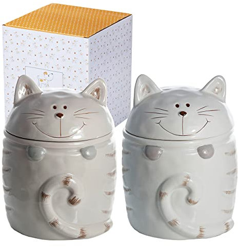 SPOTTED DOG GIFT COMPANY Tarros de Cerámica para Almacenamiento de Alimentos con Tapa, Juego de 2 Botes de Cocina Decorativo para Café Azúcar Té, Unico Regalo para Amantes de Gatos, 500ml cada uno