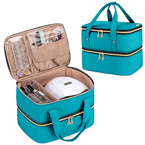 Yarwo Nail Polish Organiser Fits a Nail Lamp and 50 Bottles (15ml/0.5 fl.oz), Double Layers Nail Polish Case with Adjustable Dividers for Nail Art Tools, Teal(Patent Pending)