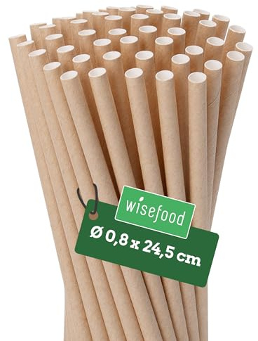 wisefood papperssugrör, 200 st. bruna sugrör, Ø 8 mm x 24,5 cm, fria från PLA/PE, biologiskt nedbrytbara engångssugrör av robust kraftpapper
