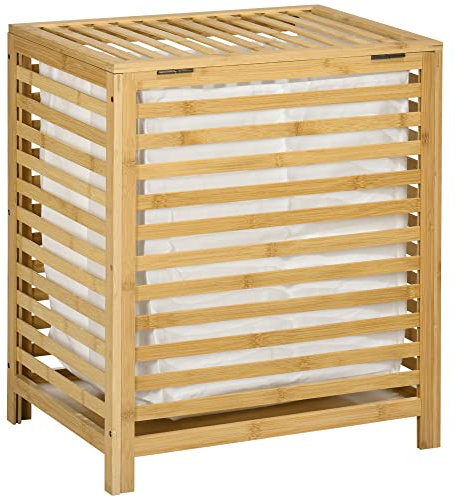 HOMCOM Wäschekorb Wäschetruhe 55L Wäschebox, Wäschesammler mit Deckel, Entnehmbarem Wäschesack, für Schlafzimmer, Bad, Bambus, 50 x 36 x 60 cm, Natur