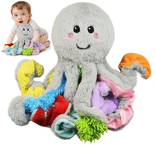 Kuscheltier Baby Spielzeug ab 3 6 9 12 Monate, Octopus Plüschtier mit 8 Texturierte Tentakel, Autismus Sensorik ADHS Spielzeug ab 1 2 3 Jahre, Geburtstag Geschenke für Baby Mädchen Junge Kinder