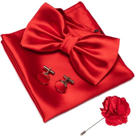 JEMYGINS Red Bow Tie Pre-tied Silk Bowtie and Pocket Square Cufflinks Lapel Pin Sets for Men(28)