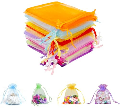 MXTIMWAN 100 bolsas de organza para peladillas y bomboneras, bolsas de regalo de 7 x 9 cm, de colores con cordón