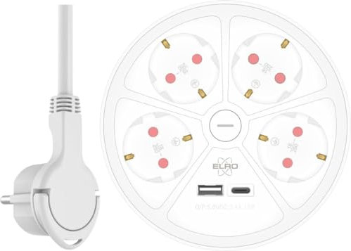 ELRO ES604 6-Fach Design Steckdosenleiste mit 1.5 m Kabel und Schalter – 4 x Steckdose + USB + USB-C – Kindersicherung – Schuko-Stecker – max. 3680 W – TÜV-geprüft