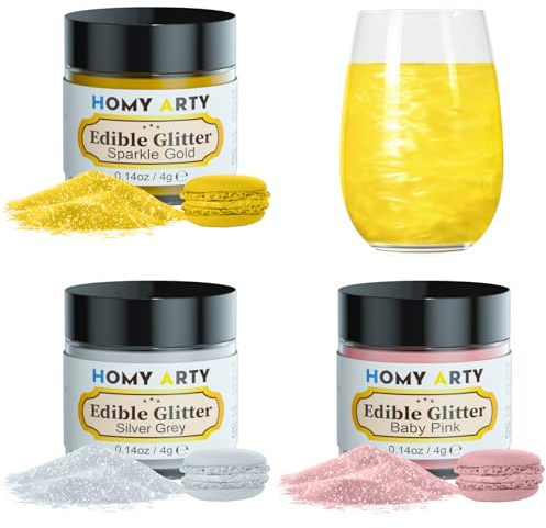 HOMY ARTY Paillettes Comestibles - 3 Couleurs x 4g, Poudres Alimentaire Patisserie, Paillettes Alimentaires Comestibles pour Boissons, Gâteau, Chocolat, Bonbons, Cocktail