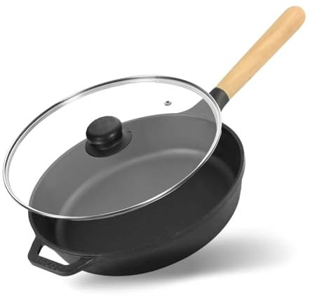 4BIG.fun Brizoll - Padella in ghisa con coperchio in vetro, diametro 24 cm, profondità 47 mm, con manico in legno, per tutti i piani cottura