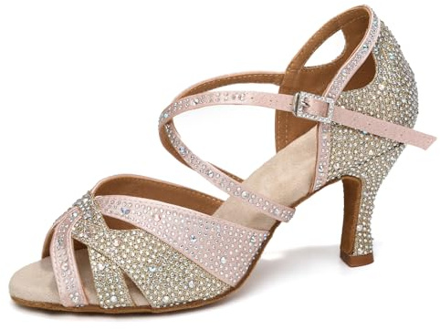 YCALCP Zapatos de Baile Latino Mujer con Brillantes Punta Abierta Zapatillas de Baile de Diamantes de Salón Salsa Bachata,YCL388,Tacón de 7.5 cm