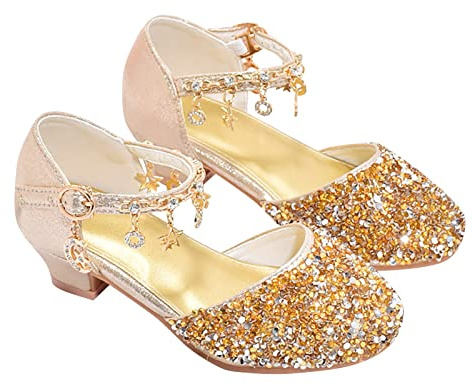 Scarpe da bambina con tacco basso, strass, archi, tacco basso, principessa, festa di nozze per, sandali donna, gold, 33 EU