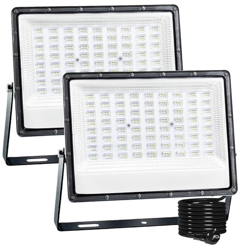 CREATESTAR Focos LED Exterior 150W, Proyector LED Exterior 2 Piezas, foco exterior de 15000LM Floodlight IP66 Impermeable, foco blanco frío de 6500K, luz de inundación para jardín, almacén, patio