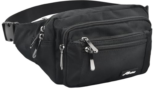 Marsupio Unisex Nero, Marsupio Sportivo con la Tracolla Regolabile, Marsupio Sportivo con 5 Tasche, Marsupi alla Moda in Nylon con Parapioggia per Escursionismo, Running, Ciclismo, Campeggio