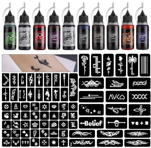 STIGMA Temporary Tattoo Kit 10 Bottles Color Inks, 84 Pcs Stencils Kit for Body Paint DIY Tattoos Temp, 8 Colors DIY Fake Tattoo for Women Kids