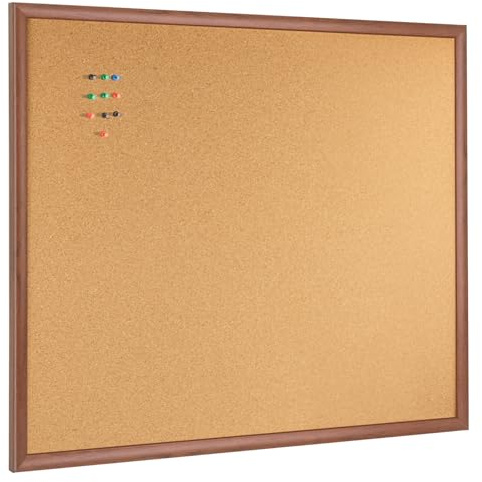 OWLKELA Cork Notice Board 90 x 60 cm Walnut Colour Bulletin Board with Cork Frame, Cork Board with Walnut and Oak Frame, Vision Board and Decorative Pin Board