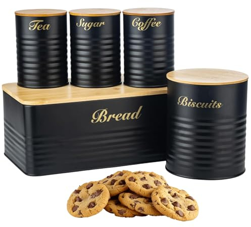 LENAK Tea Coffee Sugar Canister Set - Labelled Containers for Tea Coffee Sugar Tins Jar Sets for Kitchen Accessories & Essentials (Black 5 Pieces)