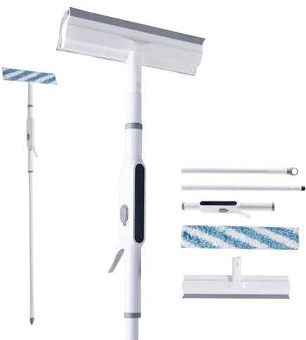 CLEANHOME 3-in-1 Window Cleaning Equipment, Rubber Window Squeegee - Fibre Cleaning Cloth - 51.18in Threaded Swivel Connection Long Pole - 80ml Self-contained Water Bottle (Push Button Spray)