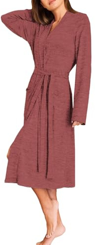 NLAND Lång kimono morgonrock dam mjuk och bekväm V-ringning eleganta nattkläder med bälte och fickor för sömn avkoppling hem