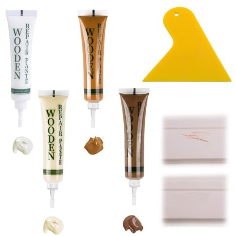 4 PCS Wood Furniture Repair Kit,Wood Filler Oak,Laminate Floor Repair Kit,Soft Furniture Scratch Touch up Filler,with Scraper Used to Repair Cracks Laminate Floors Table Door Scratches