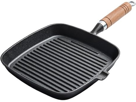 Baxnore de parrilla de hierro fundido, sartén de parrilla de carne de madera, sartén de frito de filete, sartén de parrilla de fondo espesada, bandeja de parrilla antiadherente
