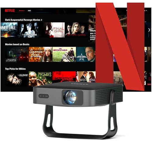 Netflix Oficial Mini Proyector Portatil 4K con Auto Enfoque/Keystone, VOPLLS Smart Proyector 600ANSI 1080P Full HD WiFi6 Bluetooth Giratorio 360° Projector para Movil/Exterior/Cine en Casa