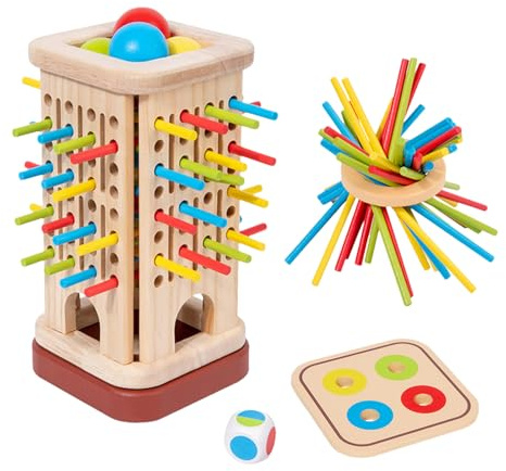 Huehkir Holzstäbchen Spiel | Kugel-Fall- und Geschicklichkeits-Spiel mit Würfel - Interaktives Spiel Zur Förderung Von Geduld, Logischem Denken Und Farbverständnis