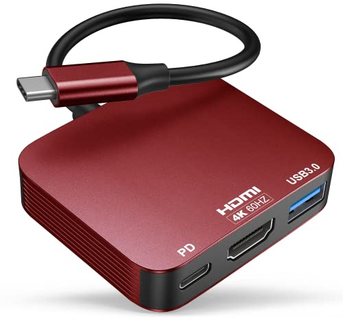 USB C to HDMI Adapter【4K@60HZ】, Vilcome HDMI to USB C Adapter Multiport with USB Type C PD & USB 3.0 Port, Compatible for MacBook Pro/Air, iPad Pro/Air, Dell XPS, iPhone 15 Pro/Max, (Red)