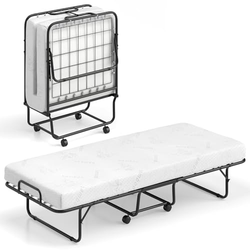 COSTWAY Folding Bed with 10cm Luxurious Memory Foam Mattress, Portable Foldable Rollaway Guest Beds on Wheels, Metal Frame Compact Single Fold up Bed Office Camp Sleeper for Adults Teens, 190x80cm