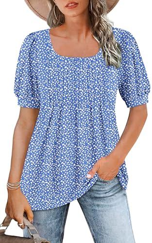 WNEEDU Ladies Tops Square Neck T Shirts for Women UK Summer Puff Short Sleeve Blouses Pleated Tunic Tshirts Flowy Elegant Casual Tee Blue Pattern 3XL