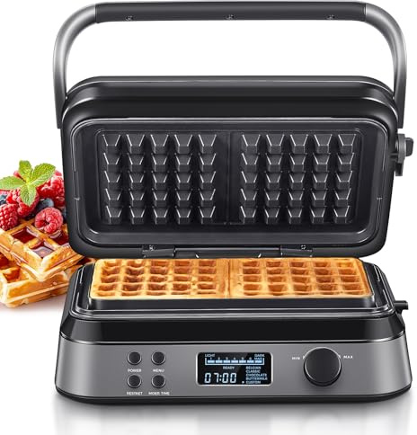 Piastra per waffle 1600 W, doppia per waffle belghe, 5 programmi, 7 livelli di doratura, controllo tramite display LCD, timer, pratica scanalatura di troppopieno, acciaio inox (nero)