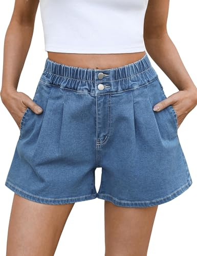 Fengbay Denim Shorts for Women Ladies High Waisted Stretch Jean Shorts UK | Casual Elasticated Detail Loose Relaxed Fit Soft Washed Women's Denim Trendy Wide Leg Pants Fabric with Pockets Summer