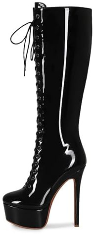 Veelau Meieer Bottes à plateforme hautes pour femme - Bottes à lacets avec talon aiguille - Bottes tendance pour fête, club et scène, Vernis noir., 41 EU