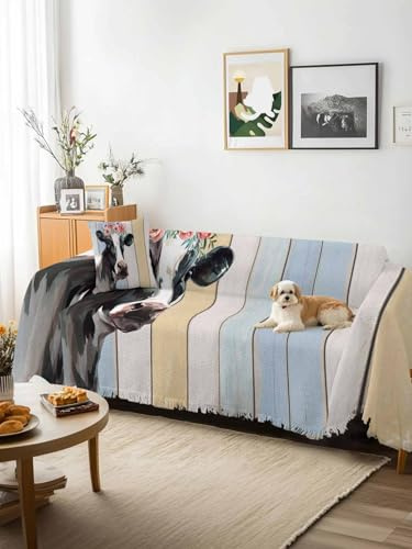 Farmhouse Cow Sofa Cover Blanket Couch Covers for Armchair Cushion,Couch Sofa Silpcover with Tassel,Spring Floral Farm Animal Wooden Living Room Bedroom Throw Towel Blanket Covers XX-L 71x150