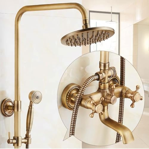 GWFBLID Juego de Ducha Empotrado Columna Ducha Latón Retro Set De Ducha Antiguo Sistema de Ducha Altura Regulable Columna de Ducha con Cabezal de Ducha de Lluvia Ducha de Mano para Cuarto de Baño