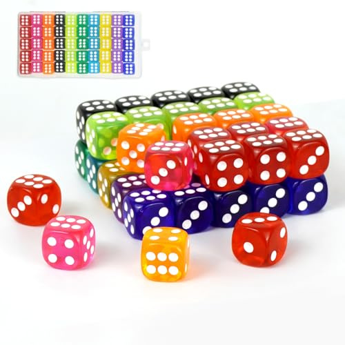 50 Coloured 6 Sided Dice Cubes 14mm, 10 Colours of Square Dice | Acrylic Casino Dice Game, Small Game Dice Set Transparent, Round Corner Poker Dice for Tabletop Board Game Set, Party, Bar