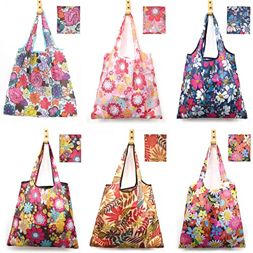 MRYUWB 6 Pcs Set Reusable Grocery Bags, Foldable Shopping Bags, Large Groceries Bags with Pouch Bulk, Ripstop, Easy Carrying,Waterproof, Eco-Friendly, Machine Washable Nylon Tote Bag (Shiny Flowers)