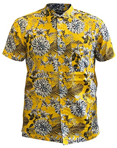 look now EX Store Mens Fancy Shirt Stag Do Hawaiian Party Cotton Dress Holiday Palm Tree Summer (Small, 44 - Black/Yellow)