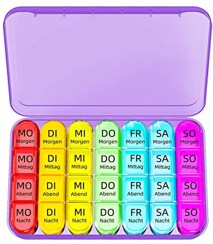 Doruimi Tablettenbox 7 Tage Morgens Mittags Abends, Klein Pillendose Große Fächer, Medikamentenbox 7 Tage 4 fächer mit Einfachem Offenem Design FüR Kinder äLtere und Arthritische HäNde - Lila