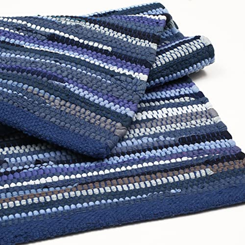 Bedding Craft Hand Made Woven Tonal Chindi 24x36 Inch Rectangle Area, Reversible Farmhouse, Braided Chindi Cotton - Blue Multi