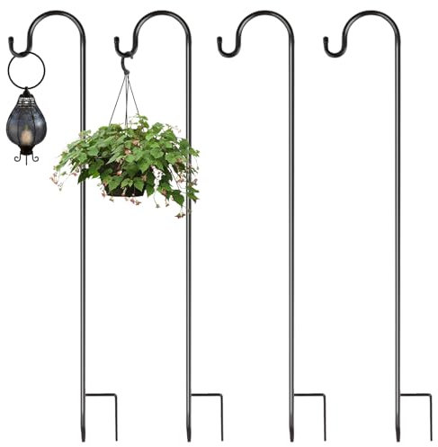 CYEER 4 Stück Schäferhaken Garten, 80CM Schäferstab Schwarz, Schäferhaken Metall, Gartenstab mit Haken für den Außenbereich, Solarleuchten, Pflanzkörbe, Blumenkugel, Hochzeiten
