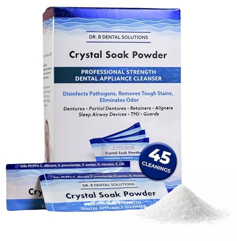 Dr. B Dental Solutions Powder Crystal Soak Cleanser, Ideal for Oral Appliances, Dentures, Night Guards, Retainers, Aligners, and Sleep Apnea Devices - 45 Single Use Packets