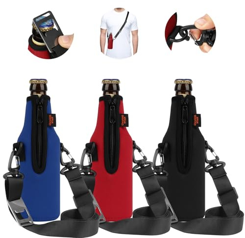Desing Wish 3 Pack Beer Bottle Cooler Sleeves With Adjustable Shoulder Strap & Opener, 12oz Standard Neoprene Sleeve Insulators Zip-up Jacket - Black/Red/Blue