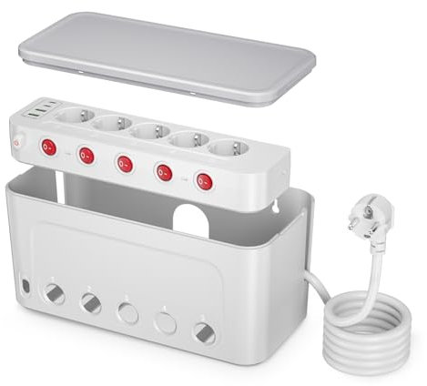 Kabelbox mit Steckdosenleiste Einzeln Schaltbar, 5-Fach Mehrfachsteckdose mit Schalter und 5 Steckdose, 4 USB,Wandmontage Groß Organizer Box mit Steckerleiste 1,5M Kabel,29 * 14 * 14CM,Weiß