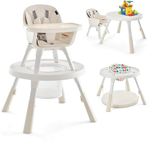 GOPLUS 6 in 1 Babyhochstuhl, höhenverstellbarer Kinderhochstuhl mit Tisch & Sicherheitsgurt & abnehmbares Tablett, Futterstuhl & Lauflernhilfe & Spieltisch & Bausteintisch & Schreibtisch (Beige)