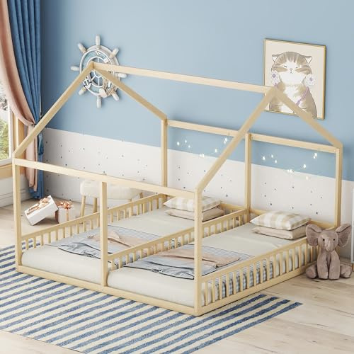 WIZBED Hausbett 90x200 mit Rausfallschutz für 2 Kinder, Kiefernholz Kinderbett für Jungen & Mädchen, Kinder Bett Bodenbett, Einzelbetten, ohne Matratze Natur
