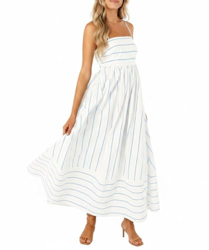chouyatou Women's Striped Back Smocked Maxi Dress Sexy Spaghetti Strap Cut Out Flowy Swing Long Dress (Medium, Blue White)